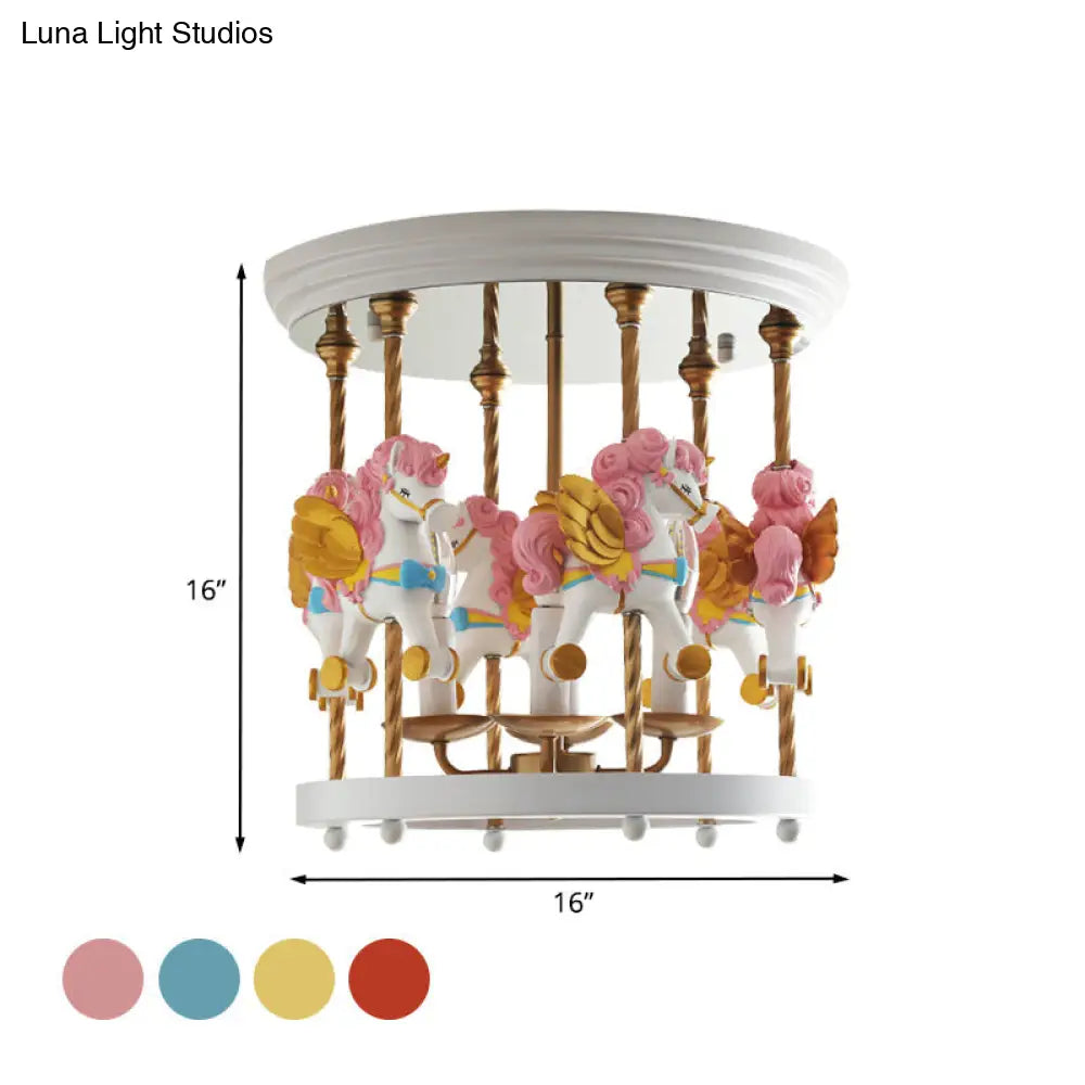 DecorBites™ DecorBites™ Metal Carousel Semi Flush Cartoon Flush Mount Lighting Fixture for Children's Room - 4-Bulb Red/Pink/Yellow