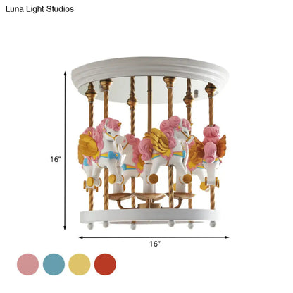 DecorBites™ DecorBites™ Metal Carousel Semi Flush Cartoon Flush Mount Lighting Fixture for Children's Room - 4-Bulb Red/Pink/Yellow