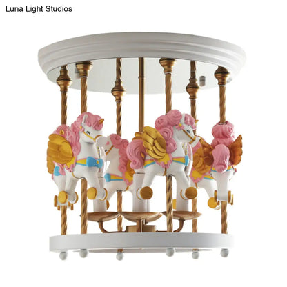 DecorBites™ DecorBites™ Metal Carousel Semi Flush Cartoon Flush Mount Lighting Fixture for Children's Room - 4-Bulb Red/Pink/Yellow
