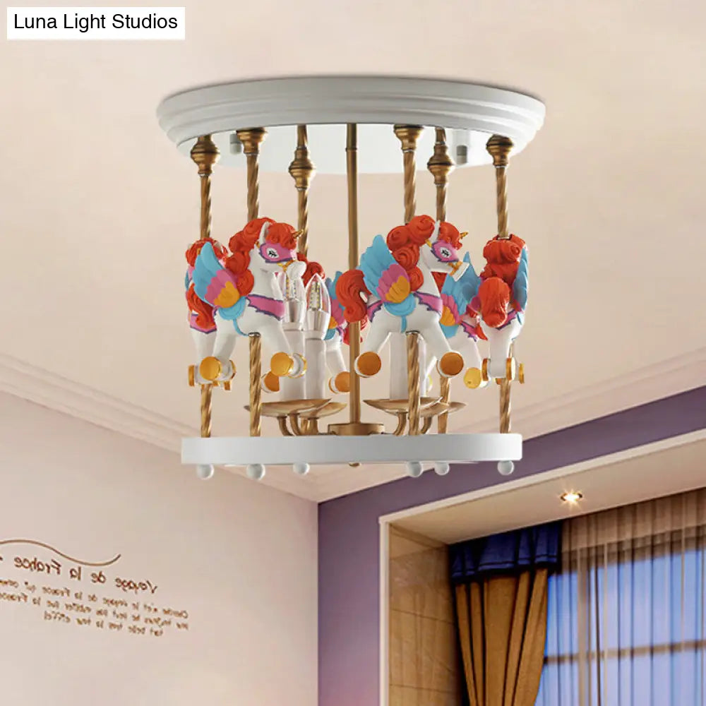 DecorBites™ DecorBites™ Metal Carousel Semi Flush Cartoon Flush Mount Lighting Fixture for Children's Room - 4-Bulb Red/Pink/Yellow
