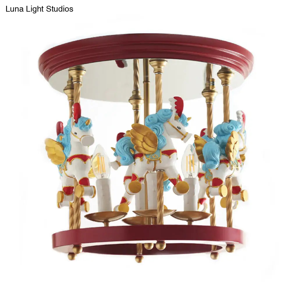 DecorBites™ DecorBites™ Metal Carousel Semi Flush Cartoon Flush Mount Lighting Fixture for Children's Room - 4-Bulb Red/Pink/Yellow