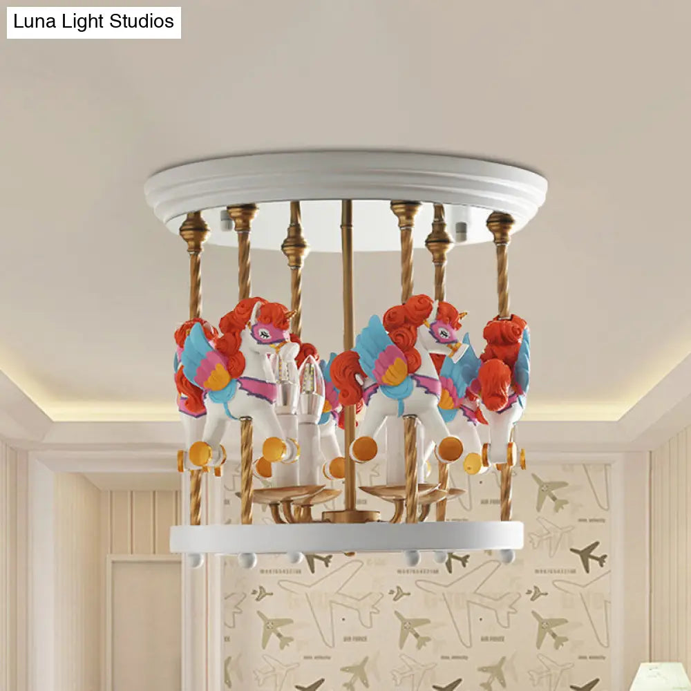 DecorBites™ DecorBites™ Metal Carousel Semi Flush Cartoon Flush Mount Lighting Fixture for Children's Room - 4-Bulb Red/Pink/Yellow