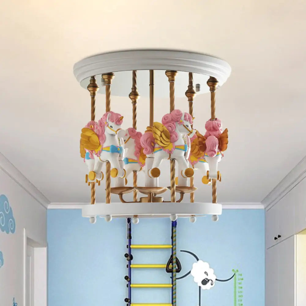 DecorBites™ DecorBites™ Metal Carousel Semi Flush Cartoon Flush Mount Lighting Fixture for Children's Room - 4-Bulb Red/Pink/Yellow