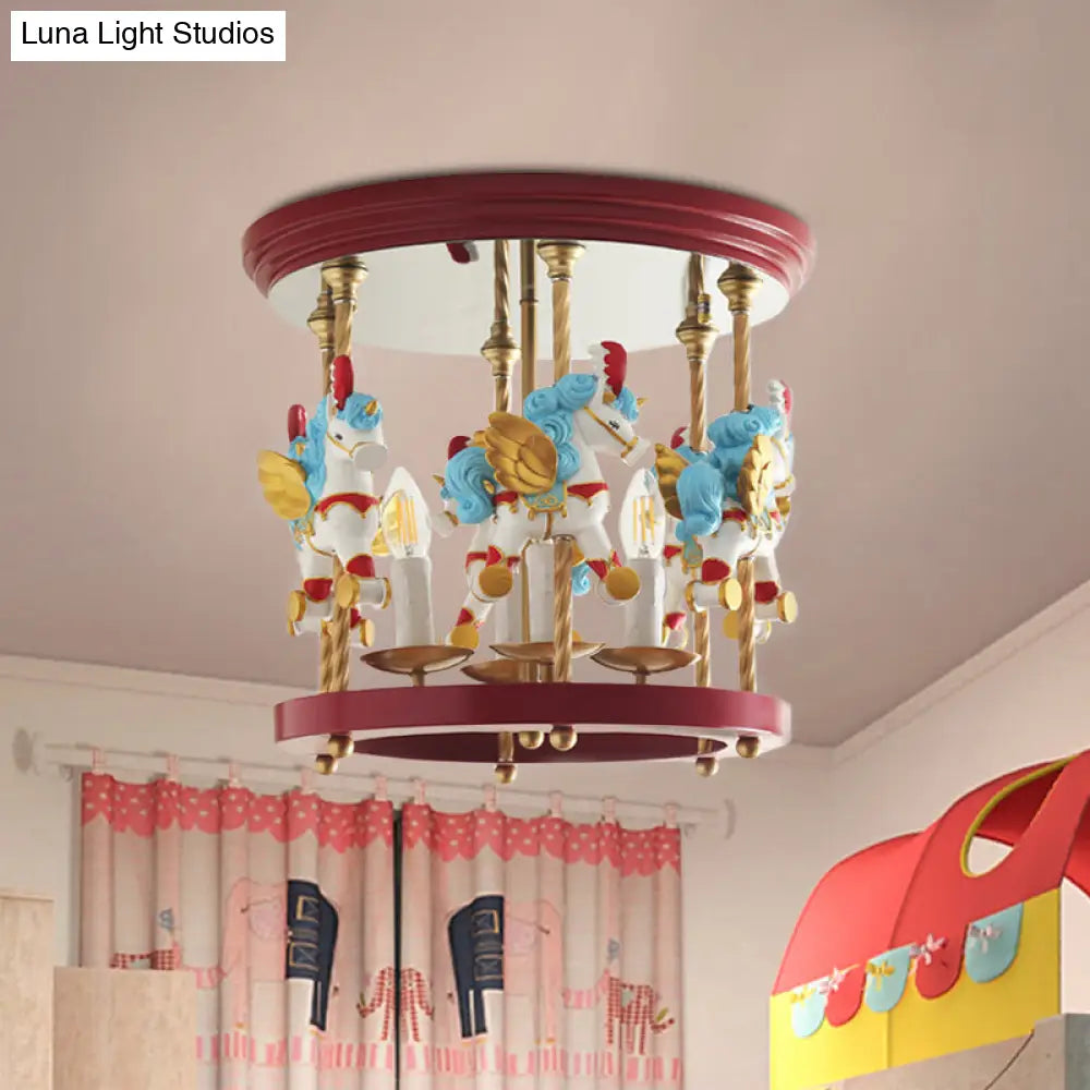 DecorBites™ DecorBites™ Metal Carousel Semi Flush Cartoon Flush Mount Lighting Fixture for Children's Room - 4-Bulb Red/Pink/Yellow