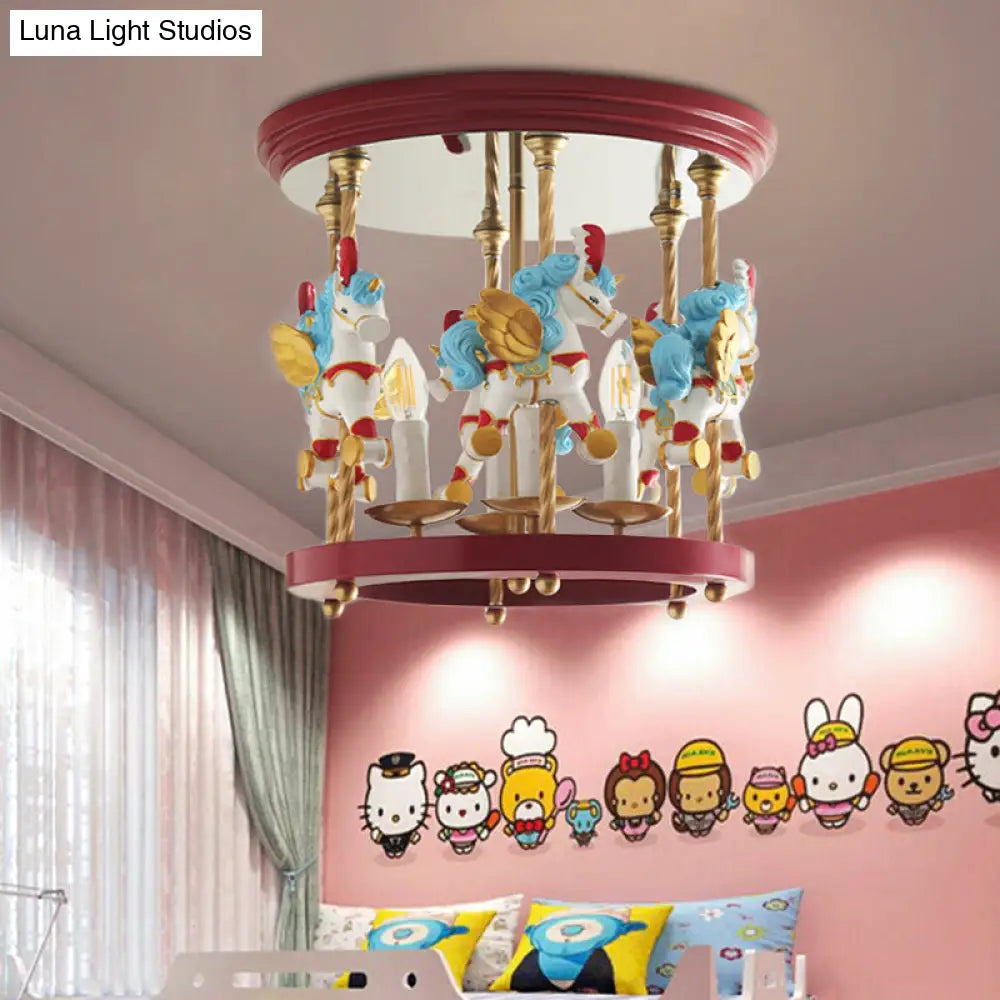 DecorBites™ DecorBites™ Metal Carousel Semi Flush Cartoon Flush Mount Lighting Fixture for Children's Room - 4-Bulb Red/Pink/Yellow