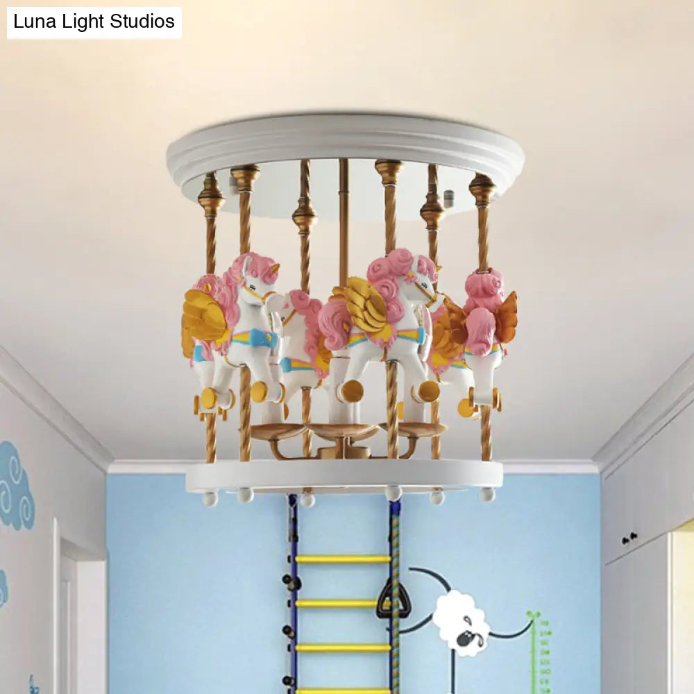 DecorBites™ DecorBites™ Metal Carousel Semi Flush Cartoon Flush Mount Lighting Fixture for Children's Room - 4-Bulb Red/Pink/Yellow