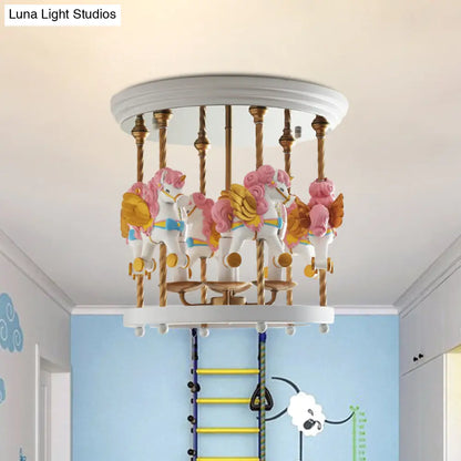 DecorBites™ DecorBites™ Metal Carousel Semi Flush Cartoon Flush Mount Lighting Fixture for Children's Room - 4-Bulb Red/Pink/Yellow