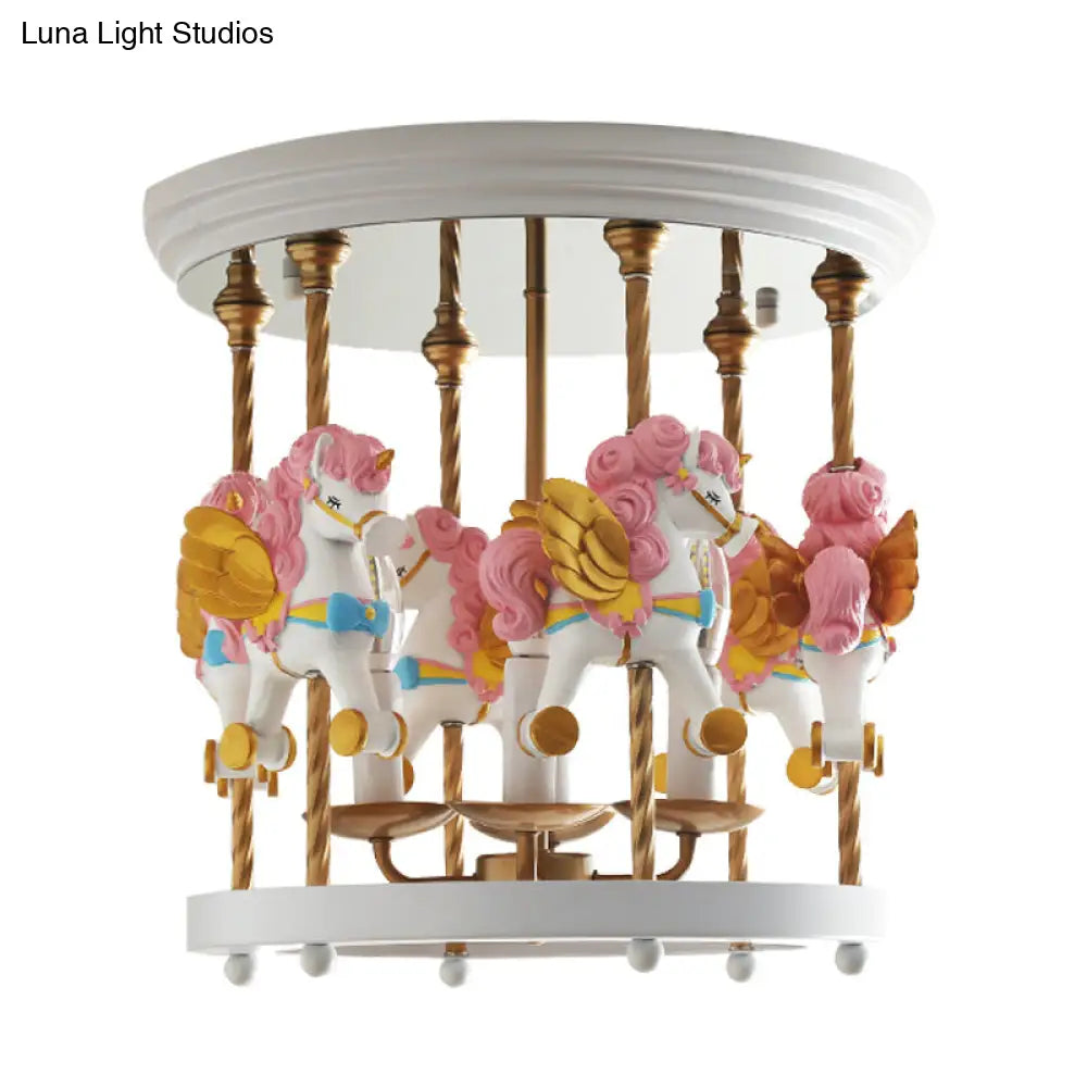 DecorBites™ DecorBites™ Metal Carousel Semi Flush Cartoon Flush Mount Lighting Fixture for Children's Room - 4-Bulb Red/Pink/Yellow