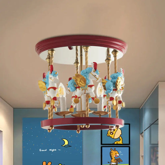 DecorBites™ DecorBites™ Metal Carousel Semi Flush Cartoon Flush Mount Lighting Fixture for Children's Room - 4-Bulb Red/Pink/Yellow