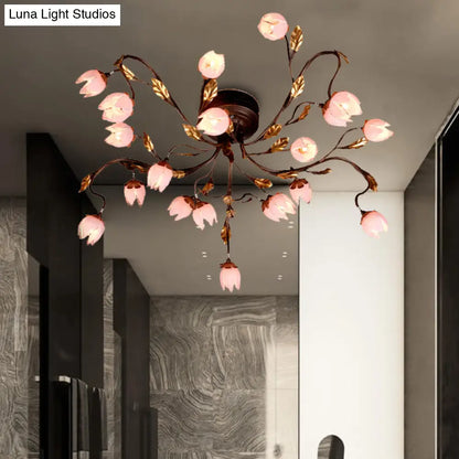 DecorBites™ DecorBites™ Metal Dark Brown Lotus Semi Flush LED Ceiling Lamp - Ideal for Study Room - 20 Bulbs - American Garden