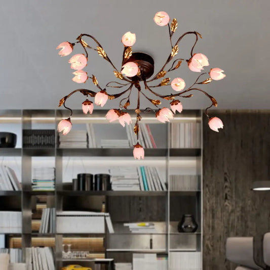 DecorBites™ DecorBites™ Metal Dark Brown Lotus Semi Flush LED Ceiling Lamp - Ideal for Study Room - 20 Bulbs - American Garden