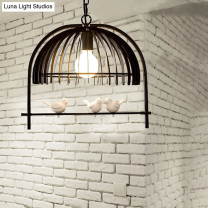 Metal Dome Shade Ceiling Pendant Light with Bird Cage Design - Lodge Style - 1-Bulb Indoor Hanging Lamp in Black/White