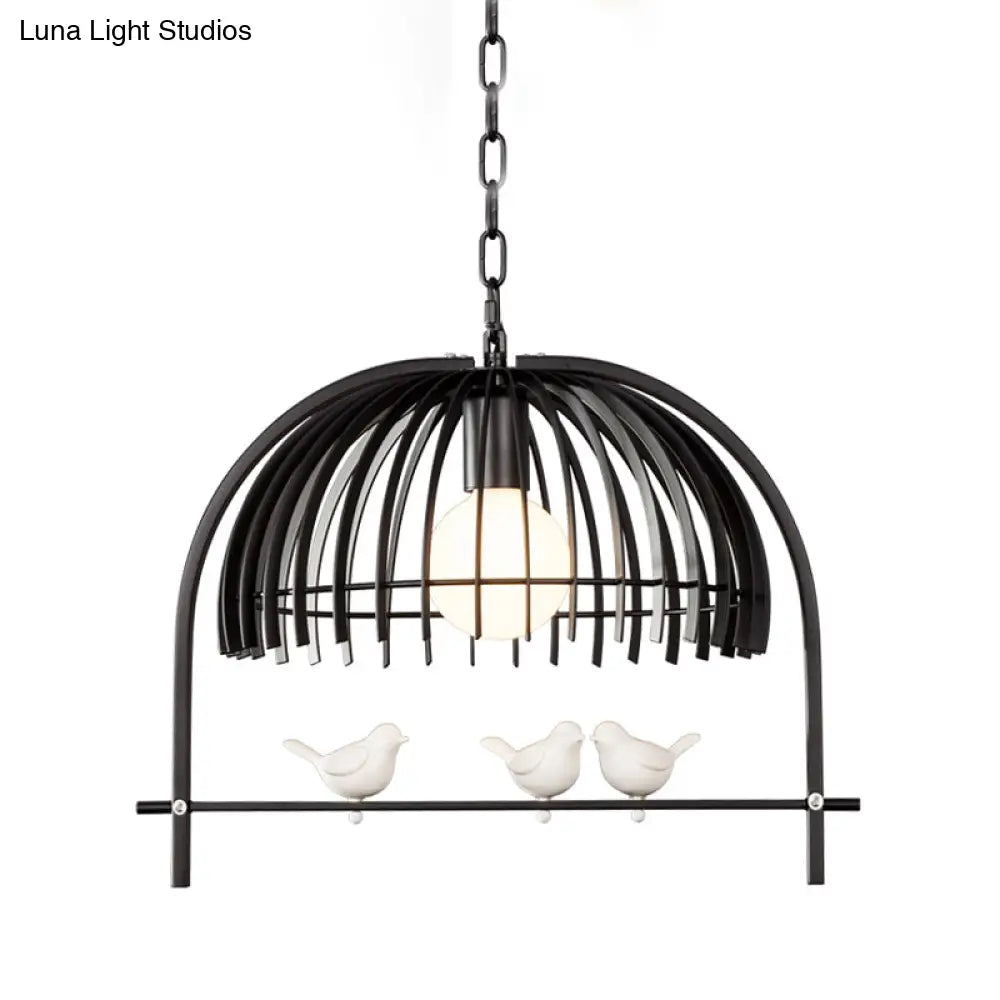 Metal Dome Shade Ceiling Pendant Light with Bird Cage Design - Lodge Style - 1-Bulb Indoor Hanging Lamp in Black/White