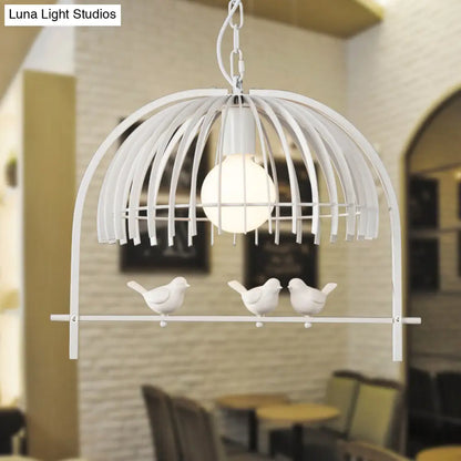 Metal Dome Shade Ceiling Pendant Light with Bird Cage Design - Lodge Style - 1-Bulb Indoor Hanging Lamp in Black/White