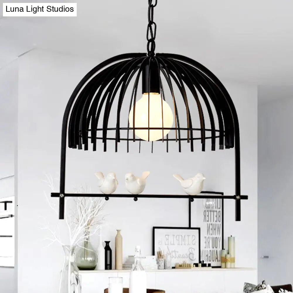 Metal Dome Shade Ceiling Pendant Light with Bird Cage Design - Lodge Style - 1-Bulb Indoor Hanging Lamp in Black/White