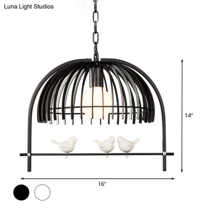 Metal Dome Shade Ceiling Pendant Light with Bird Cage Design - Lodge Style - 1-Bulb Indoor Hanging Lamp in Black/White