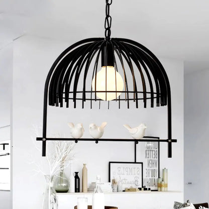 Metal Dome Shade Ceiling Pendant Light with Bird Cage Design - Lodge Style - 1-Bulb Indoor Hanging Lamp in Black/White