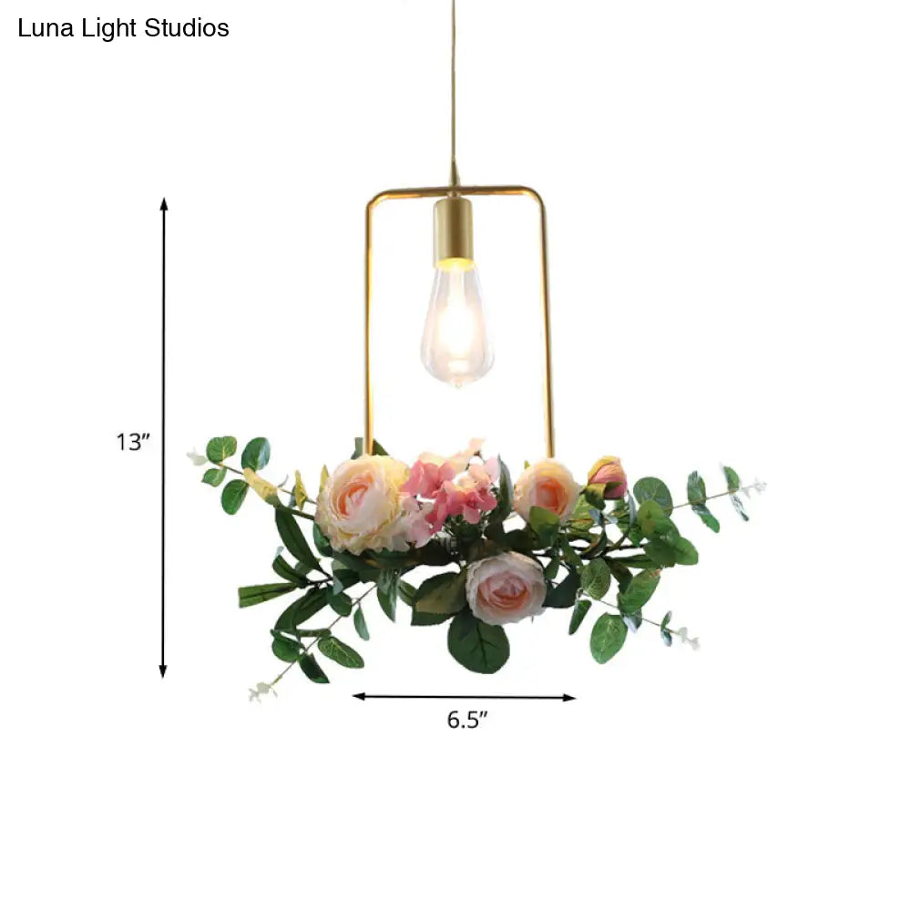 Metal Gold Ceiling Pendant with Artificial Flower: Industrial Hanging Light Fixture with Frame Options