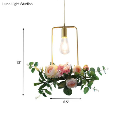 Metal Gold Ceiling Pendant with Artificial Flower: Industrial Hanging Light Fixture with Frame Options