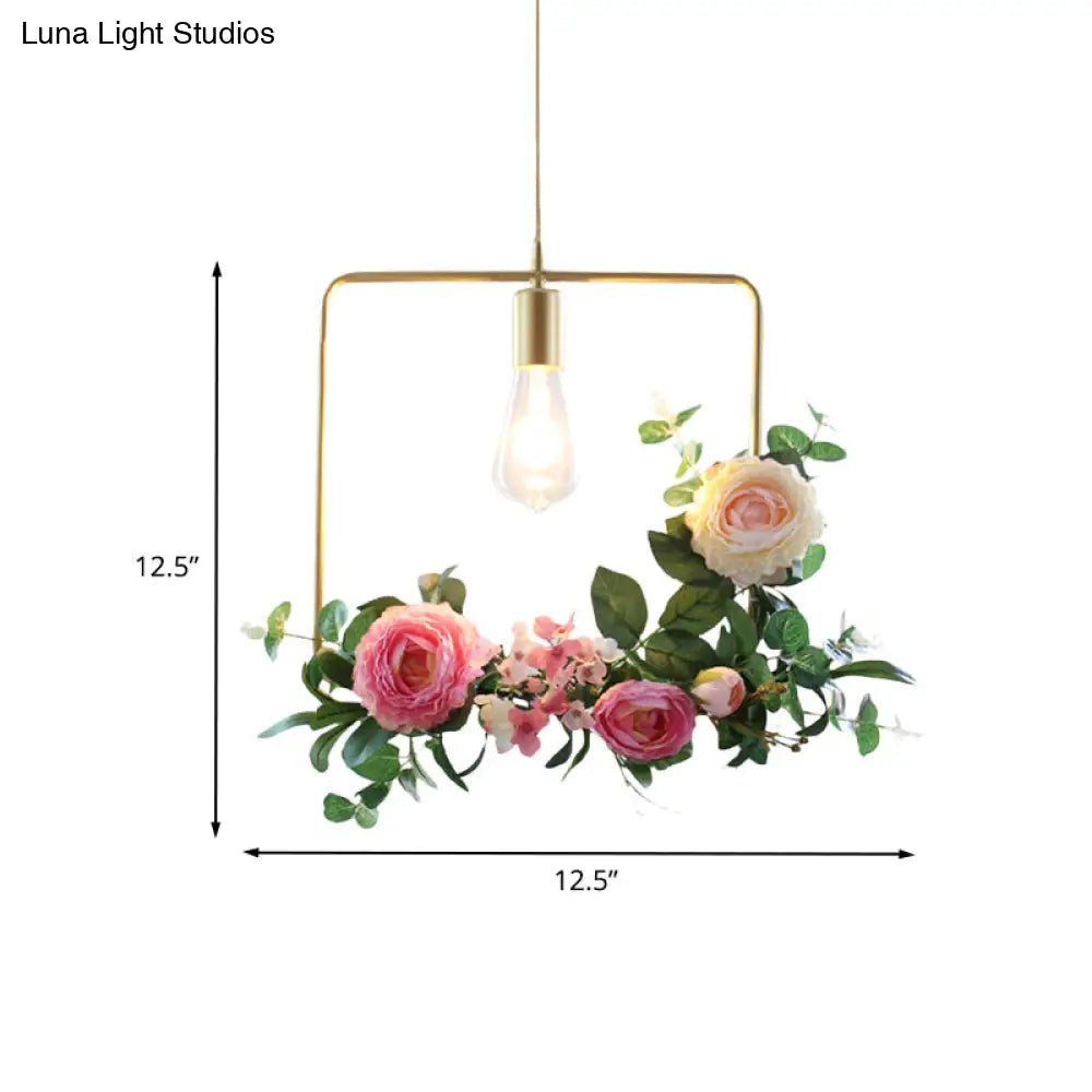 Metal Gold Ceiling Pendant with Artificial Flower: Industrial Hanging Light Fixture with Frame Options