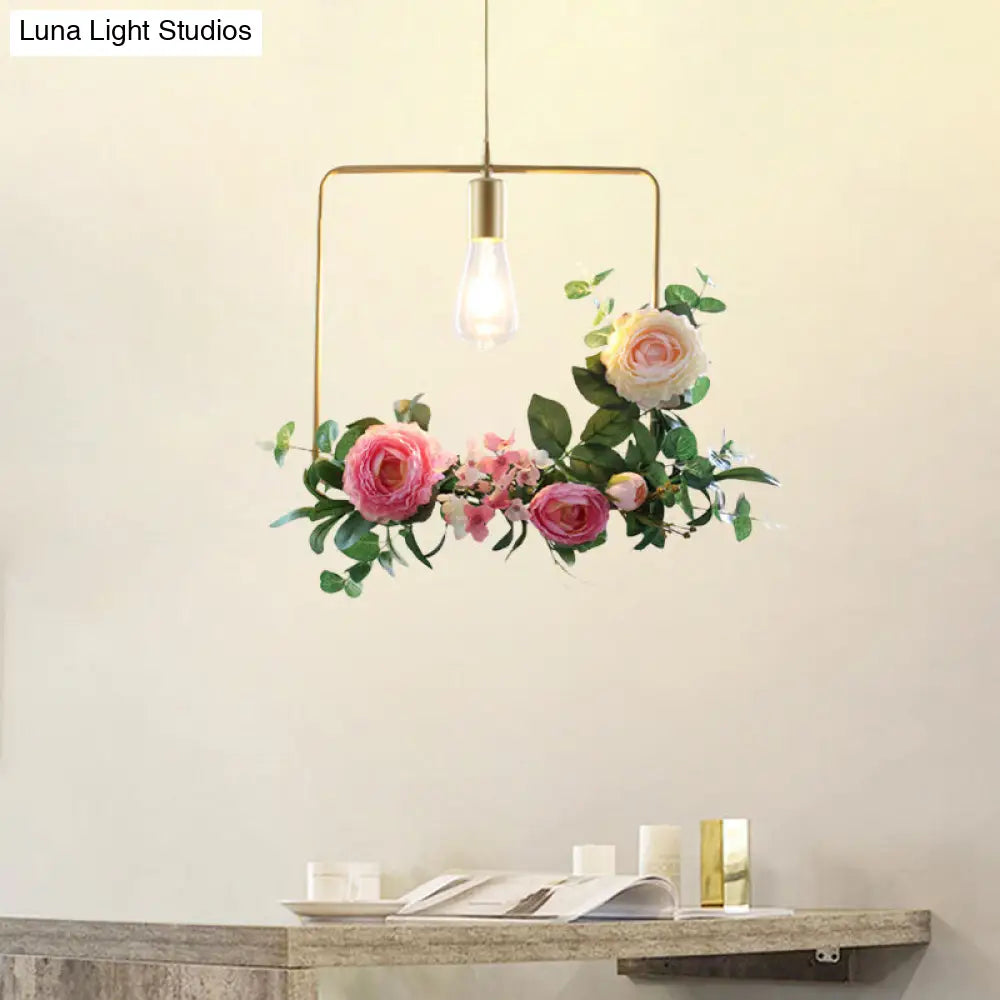 Metal Gold Ceiling Pendant with Artificial Flower: Industrial Hanging Light Fixture with Frame Options