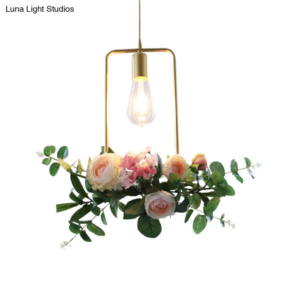 Metal Gold Ceiling Pendant with Artificial Flower: Industrial Hanging Light Fixture with Frame Options