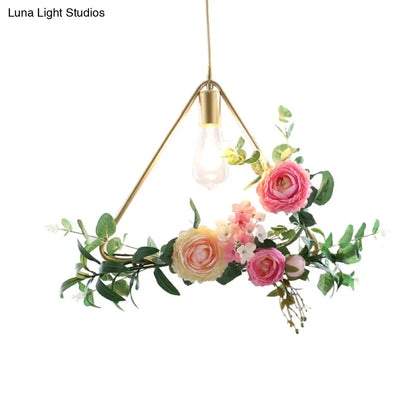 Metal Gold Ceiling Pendant with Artificial Flower: Industrial Hanging Light Fixture with Frame Options