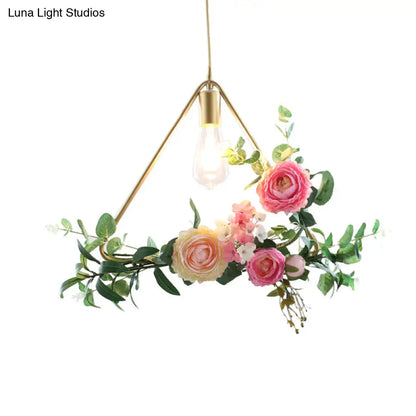 Metal Gold Ceiling Pendant with Artificial Flower: Industrial Hanging Light Fixture with Frame Options