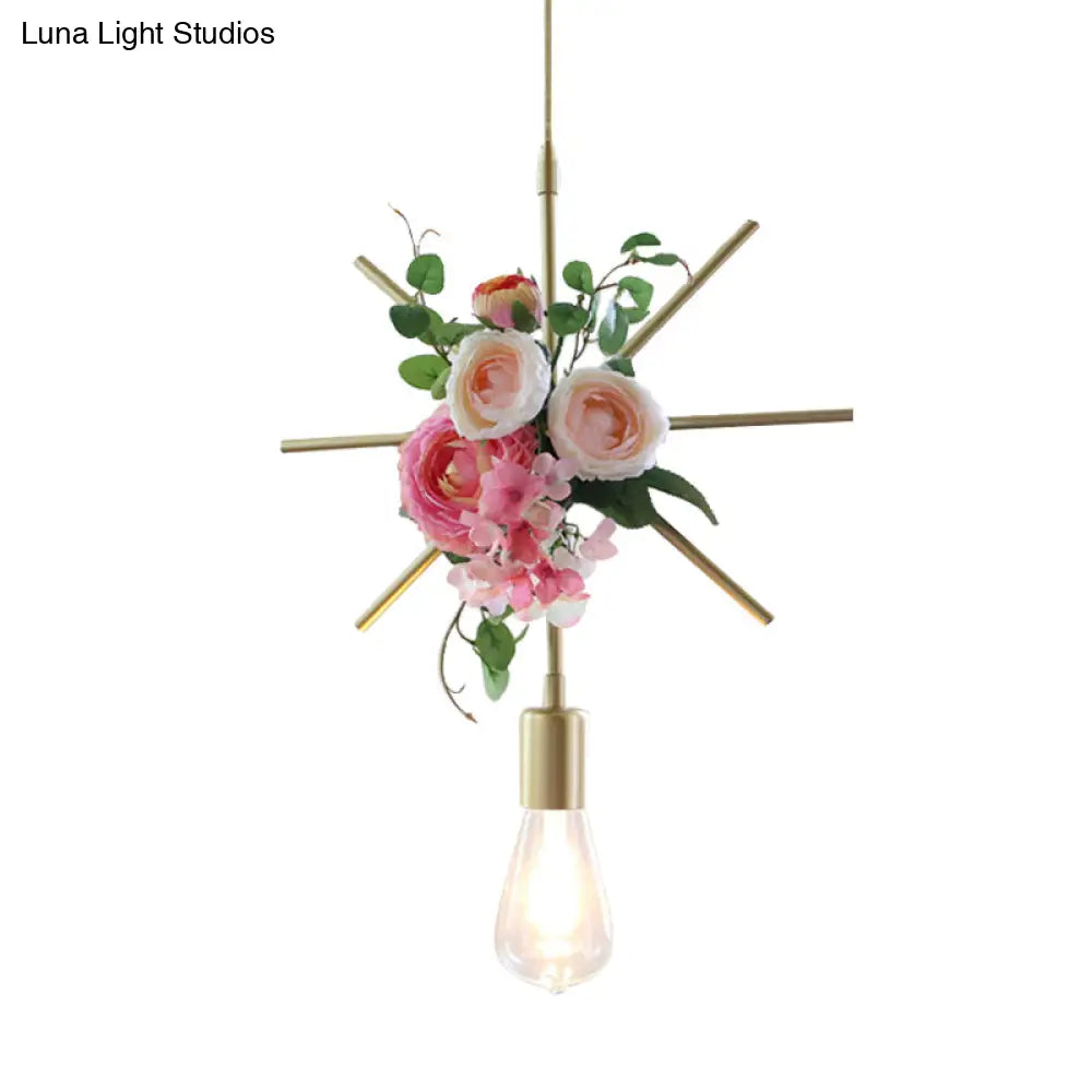 Metal Gold Ceiling Pendant with Artificial Flower: Industrial Hanging Light Fixture with Frame Options