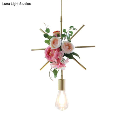 Metal Gold Ceiling Pendant with Artificial Flower: Industrial Hanging Light Fixture with Frame Options