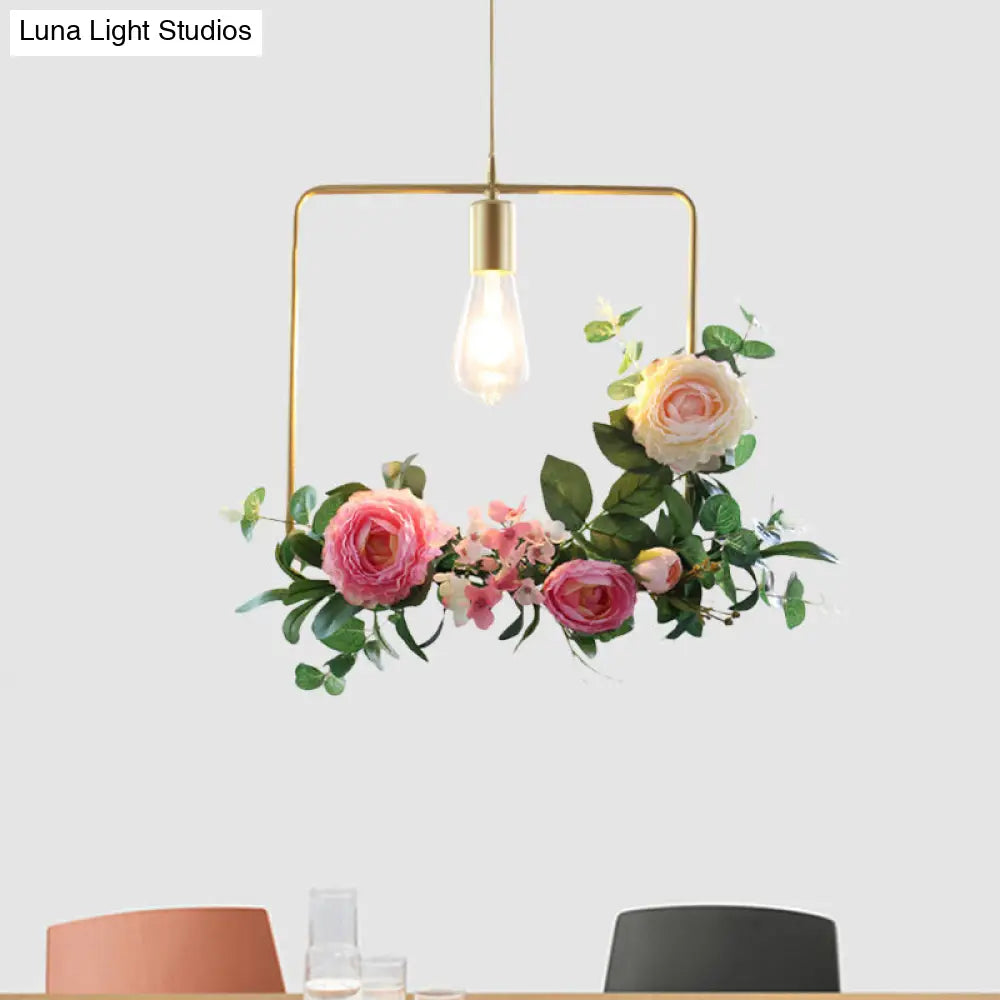 Metal Gold Ceiling Pendant with Artificial Flower: Industrial Hanging Light Fixture with Frame Options