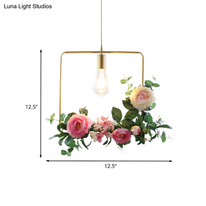 Metal Gold Ceiling Pendant with Artificial Flower: Industrial Hanging Light Fixture with Frame Options