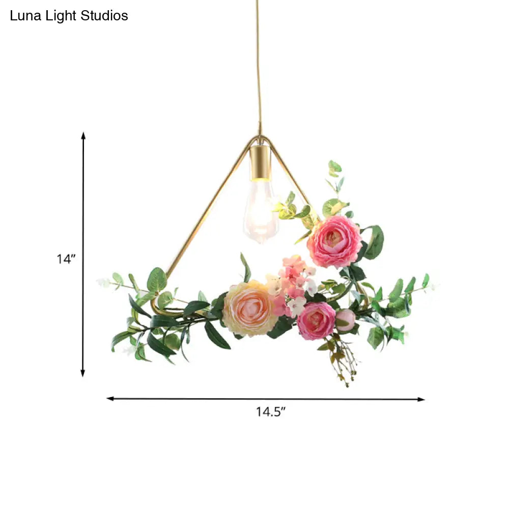 Metal Gold Ceiling Pendant with Artificial Flower: Industrial Hanging Light Fixture with Frame Options