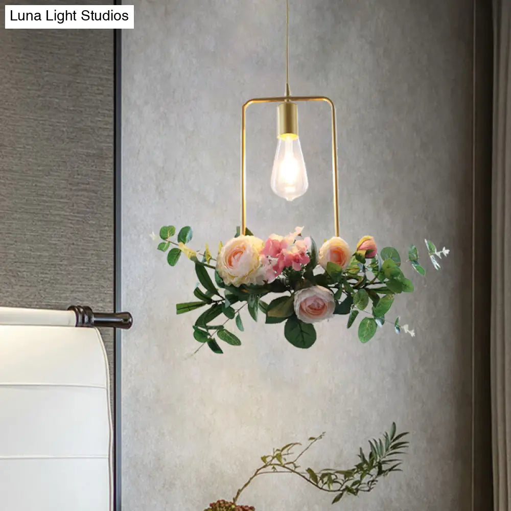 Metal Gold Ceiling Pendant with Artificial Flower: Industrial Hanging Light Fixture with Frame Options