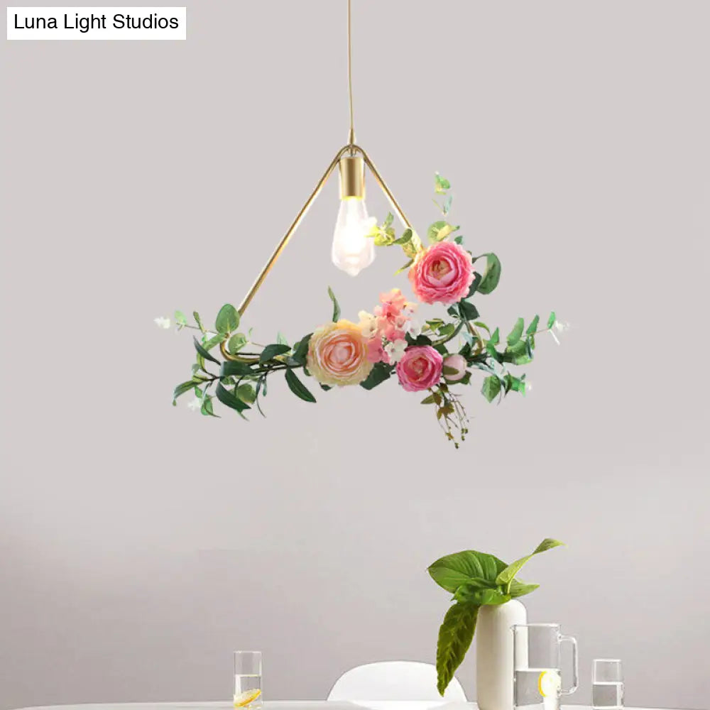 Metal Gold Ceiling Pendant with Artificial Flower: Industrial Hanging Light Fixture with Frame Options