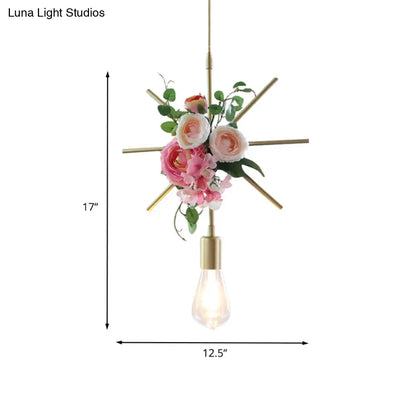 Metal Gold Ceiling Pendant with Artificial Flower: Industrial Hanging Light Fixture with Frame Options