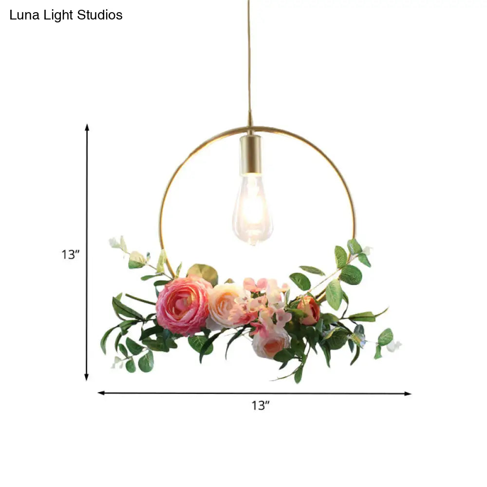 Metal Gold Ceiling Pendant with Artificial Flower: Industrial Hanging Light Fixture with Frame Options