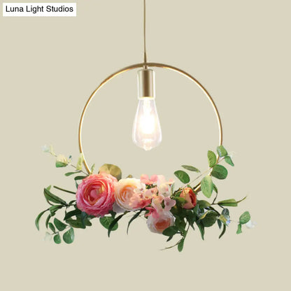 Metal Gold Ceiling Pendant with Artificial Flower: Industrial Hanging Light Fixture with Frame Options