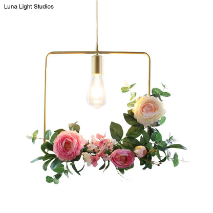 Metal Gold Ceiling Pendant with Artificial Flower: Industrial Hanging Light Fixture with Frame Options