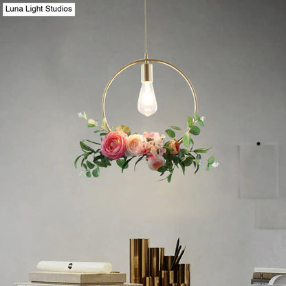 Metal Gold Ceiling Pendant with Artificial Flower: Industrial Hanging Light Fixture with Frame Options