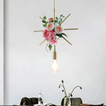 Metal Gold Ceiling Pendant with Artificial Flower: Industrial Hanging Light Fixture with Frame Options