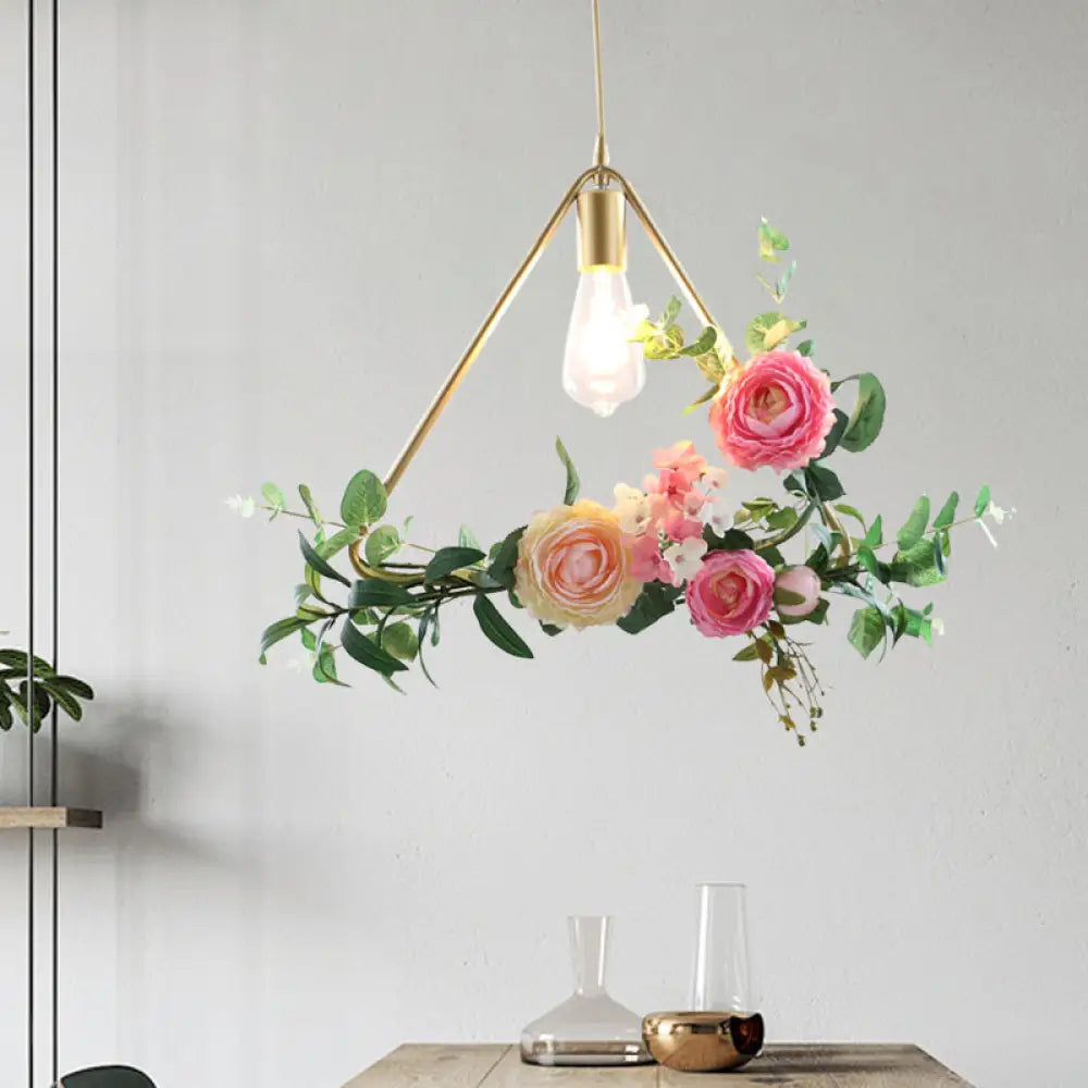 Metal Gold Ceiling Pendant with Artificial Flower: Industrial Hanging Light Fixture with Frame Options