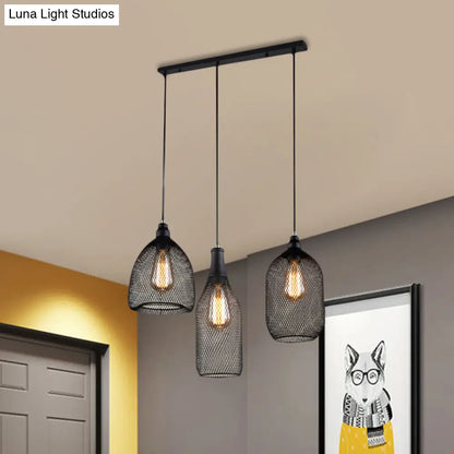 Metal Hanging Mesh Cage Light with Antique Design - 3 Heads - Black Shade - Ideal for Dining Room Suspension