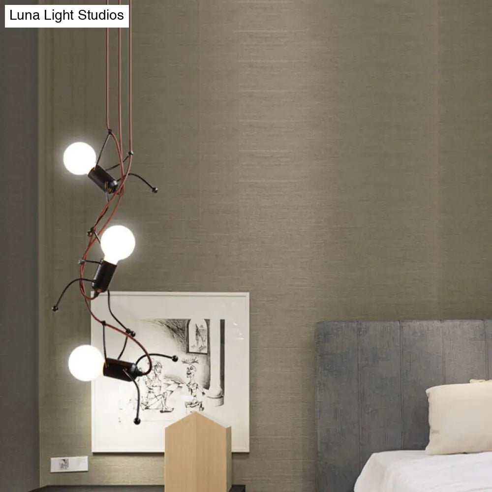 Metal Human Shape Chandelier Light - Industrial Black, Ceiling Hanging Fixture for Dining Room - 3/6 Bulbs