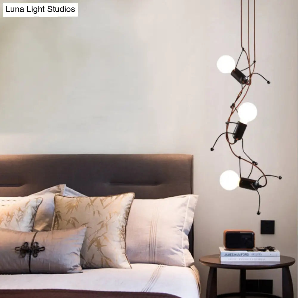 Metal Human Shape Chandelier Light - Industrial Black, Ceiling Hanging Fixture for Dining Room - 3/6 Bulbs