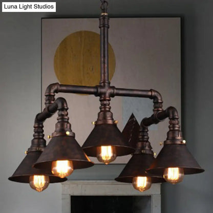 Metal Industrial 5-Bulb Ceiling Lamp with Cone Shade - Rust Chandelier Pendant Light for Dining Room