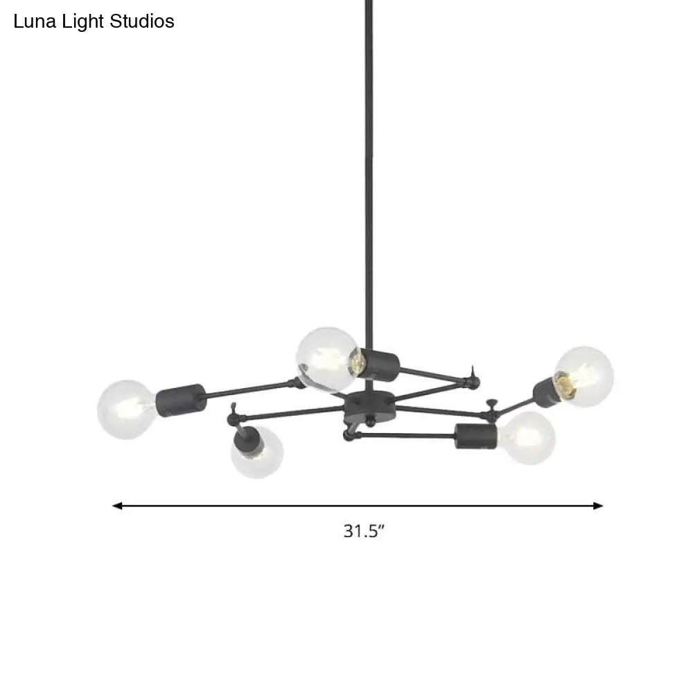 Metal Industrial Style Adjustable Chandelier with Exposed Bulbs - Multi Light Hanging Lamp for Bedroom - Black