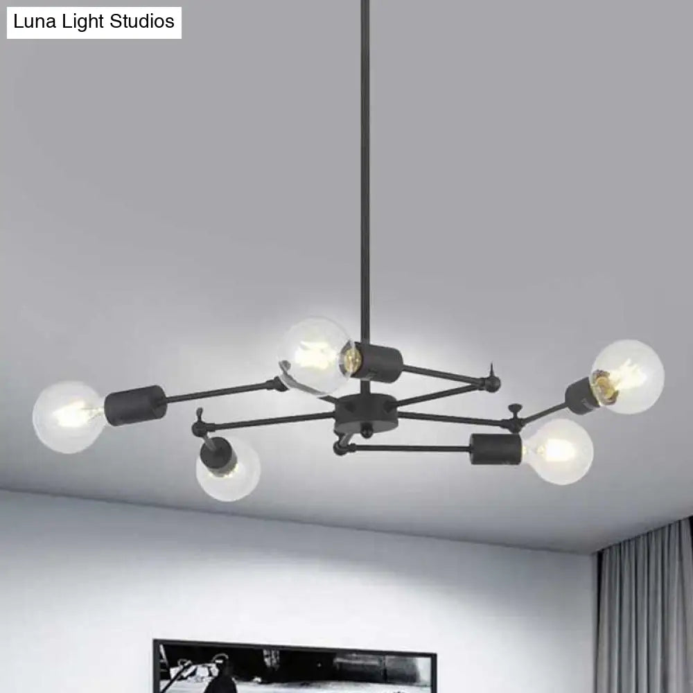 Metal Industrial Style Adjustable Chandelier with Exposed Bulbs - Multi Light Hanging Lamp for Bedroom - Black