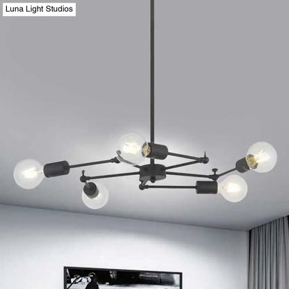 Metal Industrial Style Adjustable Chandelier with Exposed Bulbs - Multi Light Hanging Lamp for Bedroom - Black