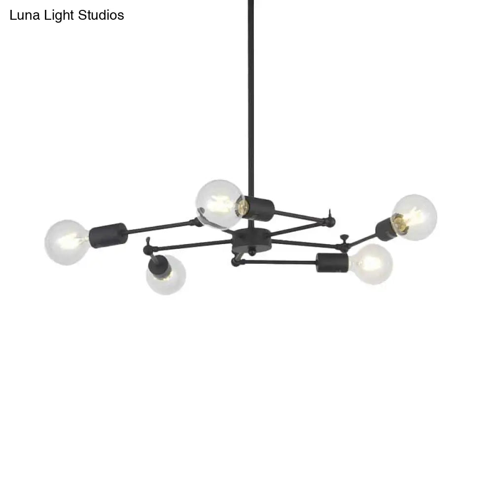 Metal Industrial Style Adjustable Chandelier with Exposed Bulbs - Multi Light Hanging Lamp for Bedroom - Black